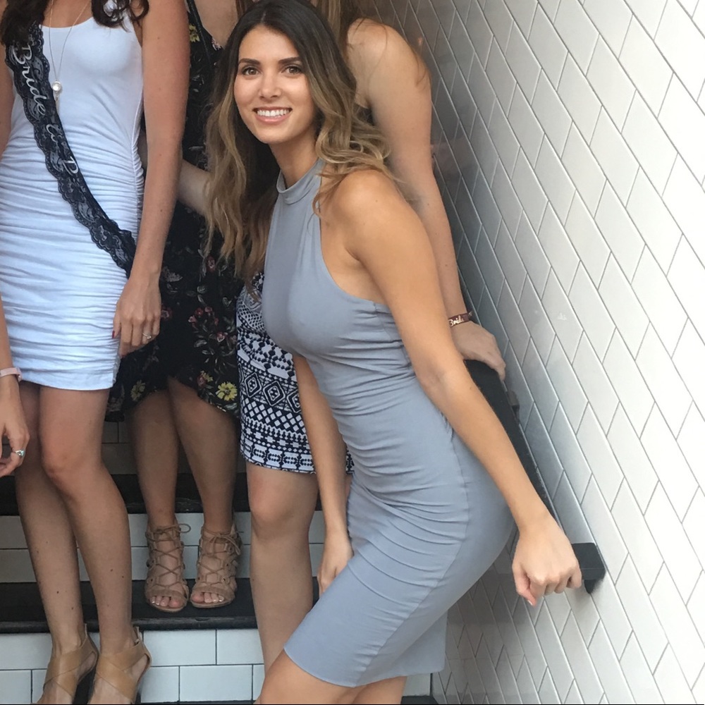 Grey halter cocktail dress, open back